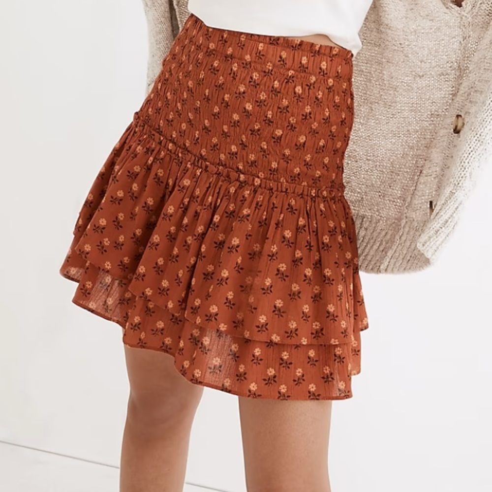 Madewell Smocked Pull-On Tiered Mini Skirt in Wild Calendula Block-Print